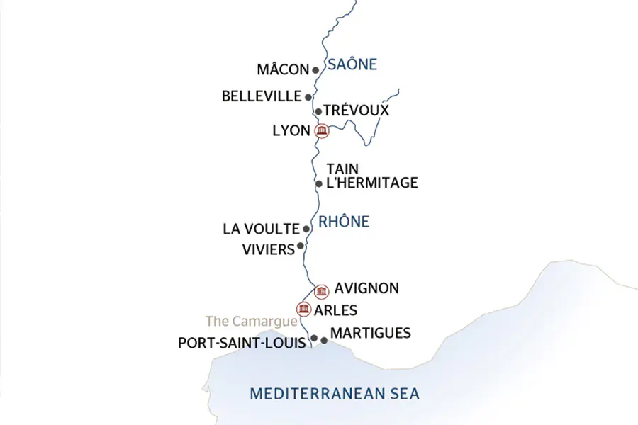2025-0813-The tip of Provence to Lyon on the Rhône and Saône Rivers-map