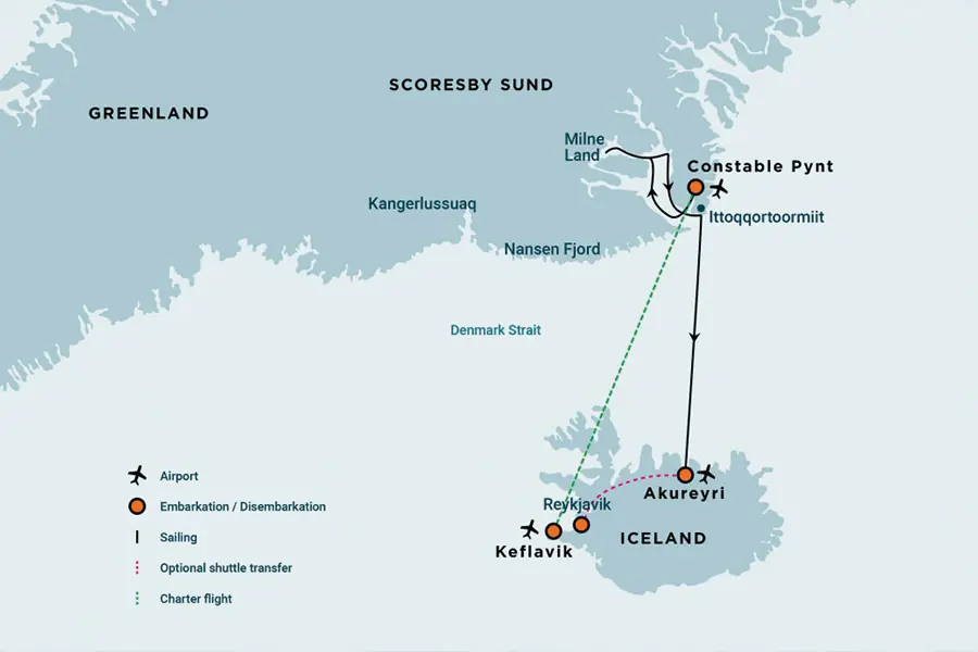 2025-0821-East Greenland - Scoresby Sund - Iceland, Aurora Borealis, Fly & Sail-map