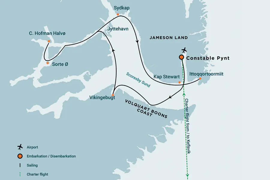 2025-1014-2026East Greenland, Scoresby Sund – Aurora Borealis, Fly & Sail-map