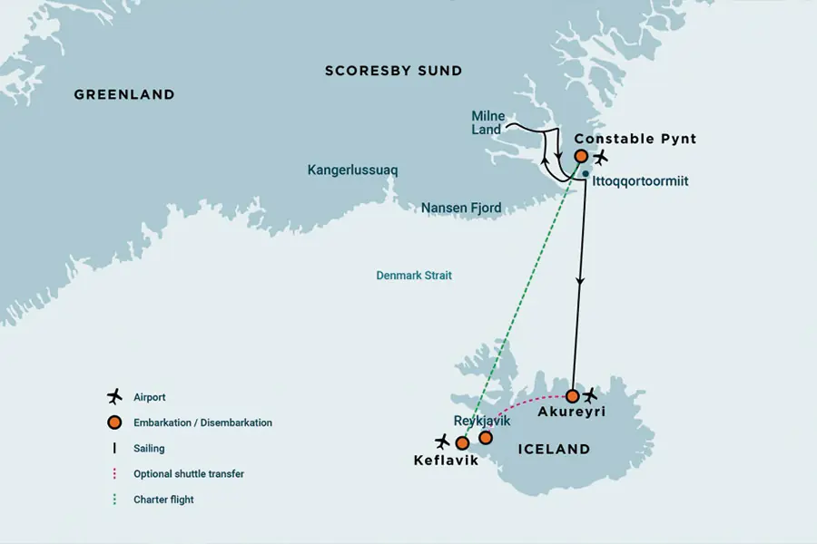 2025-1014-East Greenland, Scoresby Sund – Iceland , Aurora Borealis, Fly & Sail -map