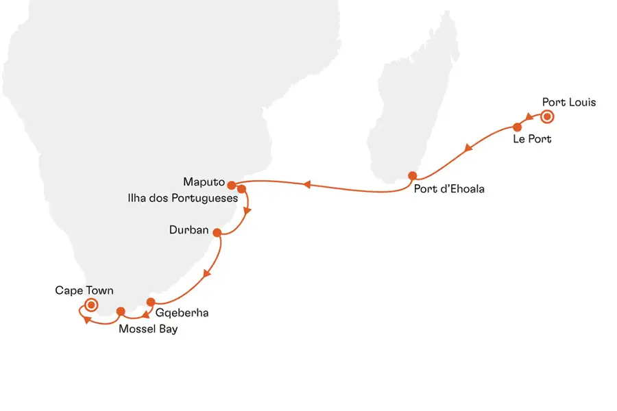 2026-0108-Golf & Cruise-Port Louis (Mauritius) – Cape Town Sunny islands, safari adventure and the best of South Africa-map